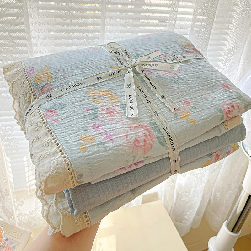INS Princess Bedding Set Ruffle Lace Quilt Cover Romantic Bedclothes Woman Girls Home Decor Duvet Cover Set Korean Style Floral