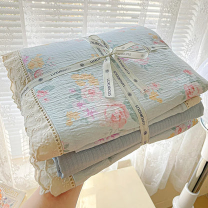 INS Princess Bedding Set Ruffle Lace Quilt Cover Romantic Bedclothes Woman Girls Home Decor Duvet Cover Set Korean Style Floral