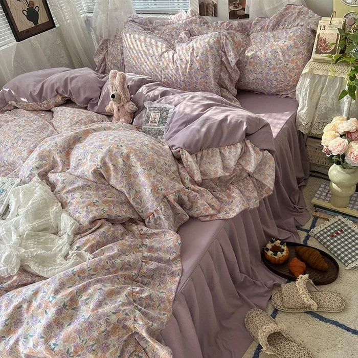 2025 new Korean Princess Style Floral Ruffles Bedding Set Skin-friendly Soft Duvet Cover Set Bed Sheet Or Bed Skirt Pillowcases