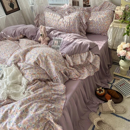 2025 new Korean Princess Style Floral Ruffles Bedding Set Skin-friendly Soft Duvet Cover Set Bed Sheet Or Bed Skirt Pillowcases
