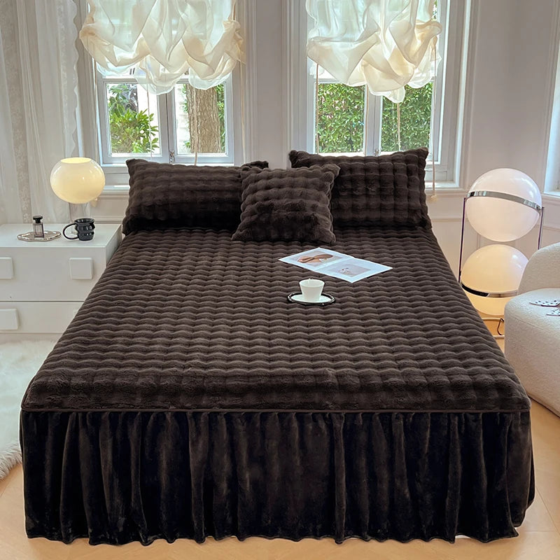 Bonenjoy Plush Bed Skirt for Winter Bed Cover Warm Bedspread Home Bed Skirts Ruffles Mattress Protector 침대스커트 (No Pillowcase)