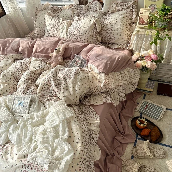 2025 new Korean Princess Style Floral Ruffles Bedding Set Skin-friendly Soft Duvet Cover Set Bed Sheet Or Bed Skirt Pillowcases