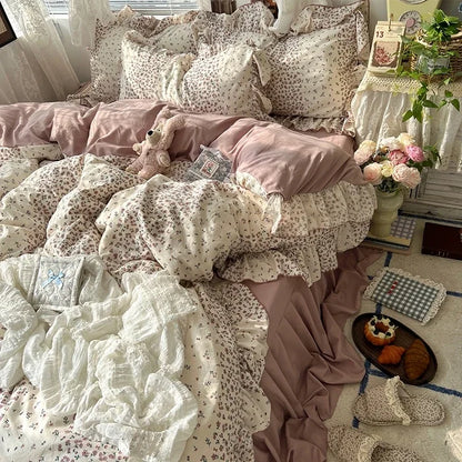 2025 new Korean Princess Style Floral Ruffles Bedding Set Skin-friendly Soft Duvet Cover Set Bed Sheet Or Bed Skirt Pillowcases