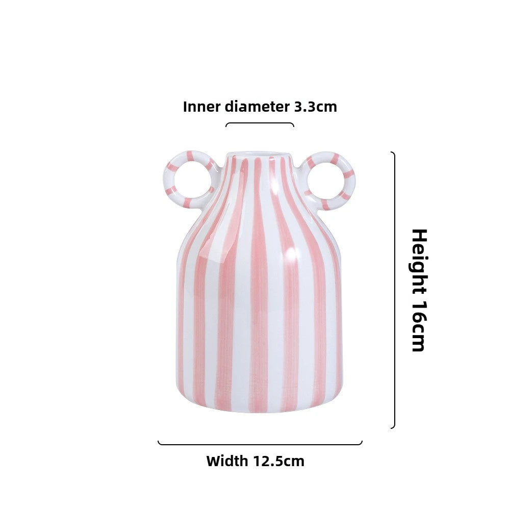 Nordic Ins Style Striped Double Ear Ceramic Vase Hydroponic Flower Planter Ornament