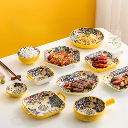 Ceramic Tableware Set Rice Bowl Serving Plate Creative Cutlery Soup Plate Noodle Handle Bowl Sauce Dish Steak Salad Fruit Plate