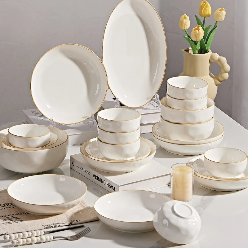 korean style white plates dinner sets ceramic gold rim 8 person dinner sets full set Casserole vajillas completa Bowl set