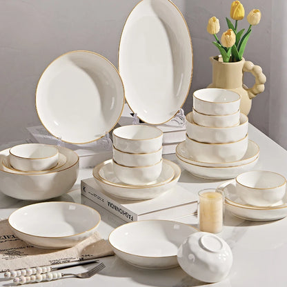 korean style white plates dinner sets ceramic gold rim 8 person dinner sets full set Casserole vajillas completa Bowl set