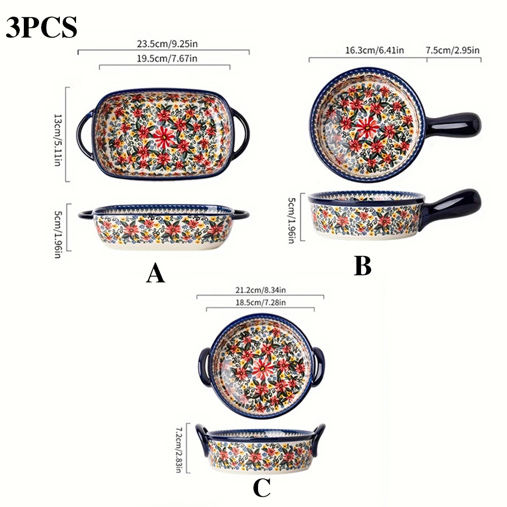 3-Piece Ceramic Baking Dish Set, Hand-Painted Floral Embossed Design, Oven & Microwave Safe Casserole for Cooking, Serving, Sala