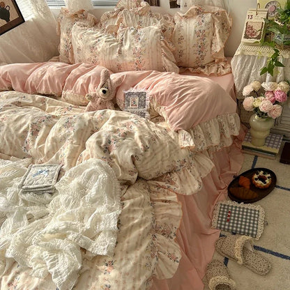 2025 new Korean Princess Style Floral Ruffles Bedding Set Skin-friendly Soft Duvet Cover Set Bed Sheet Or Bed Skirt Pillowcases