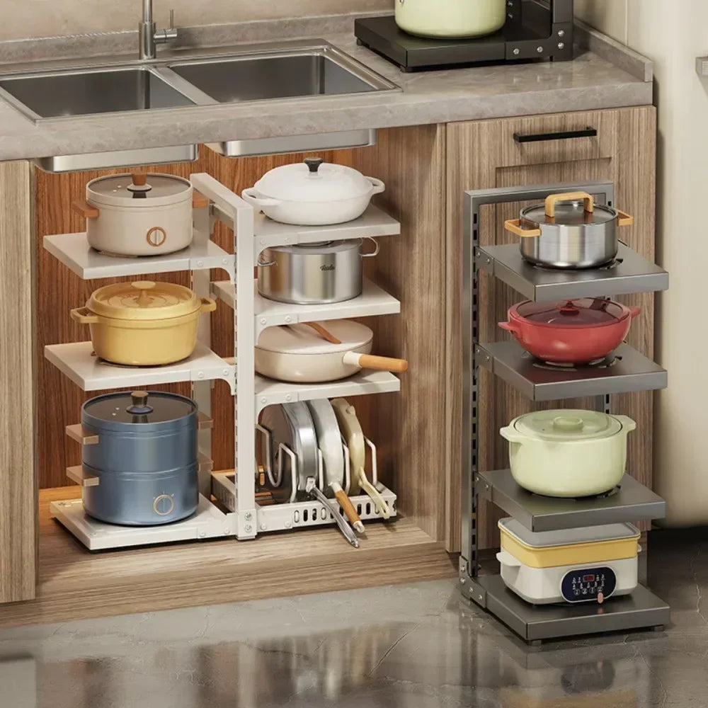 Multilayer Kitchen Under Sink Pot Holder Adjustable Frying Pan Rice Cooker Seasoning Storage Rack Metal Organizer Pot Rack