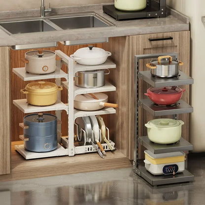 Multilayer Kitchen Under Sink Pot Holder Adjustable Frying Pan Rice Cooker Seasoning Storage Rack Metal Organizer Pot Rack
