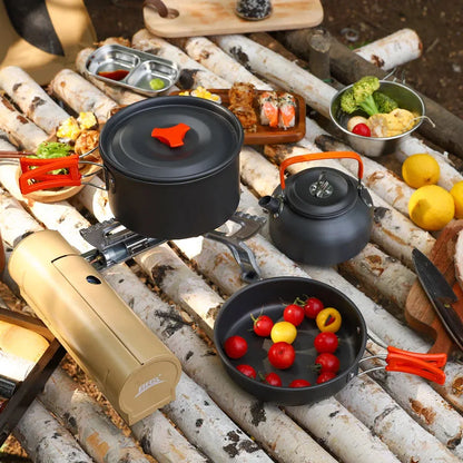 Camping Cookware Set - Lightweight Camping Pots and Pans Portable Outdoor Cookware with Kettle