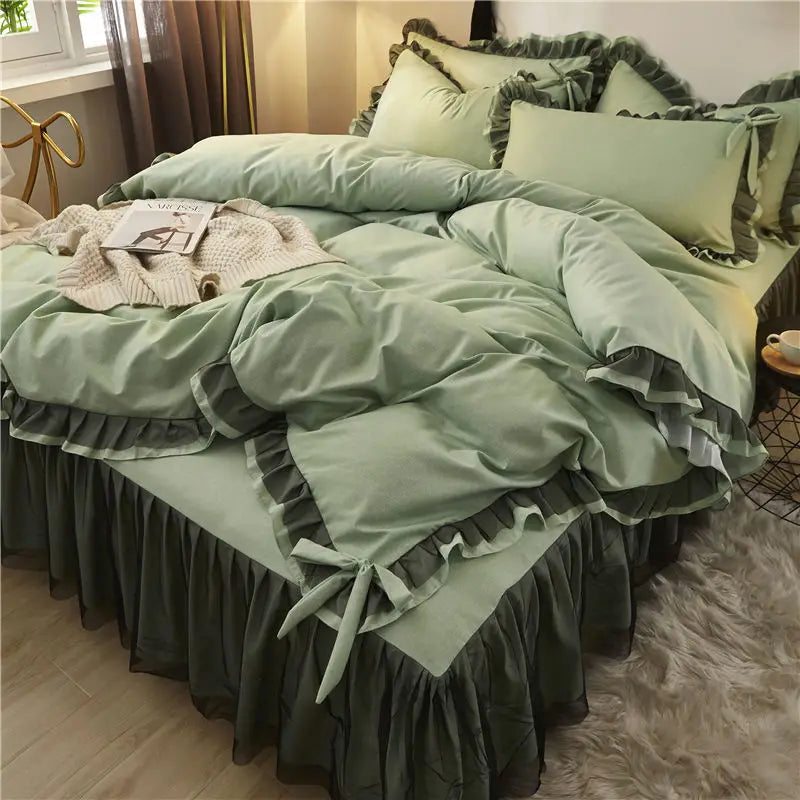 Korean Bed Skirt Bedding Sets with Ruffled Edges Thickened Princess Brushed Quilt Kit Solid Skin-Friendly Breathable Bedclothes