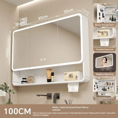 Bathroom Mirror Smart Storage Cabinet LED Light Wall Mounted Rounded Corner Anti Fog Furniture Vanity Mirror Medicine Cabinet
