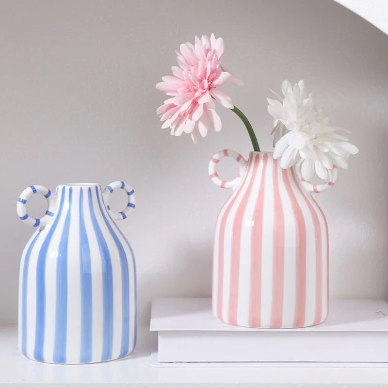 Nordic Ins Style Striped Double Ear Ceramic Vase Hydroponic Flower Planter Ornament