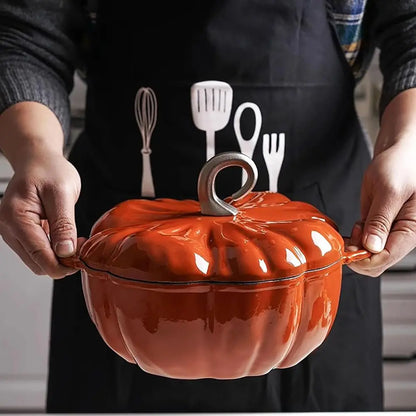 3.9 Quart Orange Pumpkin Dutch Oven, Cast Iron Enamel Pot with Lid, Non-Stick, Ideal for Stews and Soups, Serves 3-5, Perfect fo