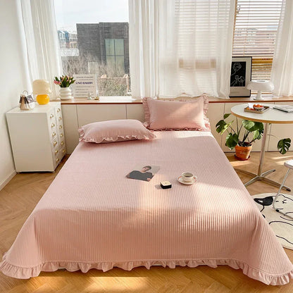 Korean Style Quilted Double Bed Cover and Pillowcase 100% Cotton Ruffles Comfortable Queen Size Bedspread Set Soft Home Coverlet