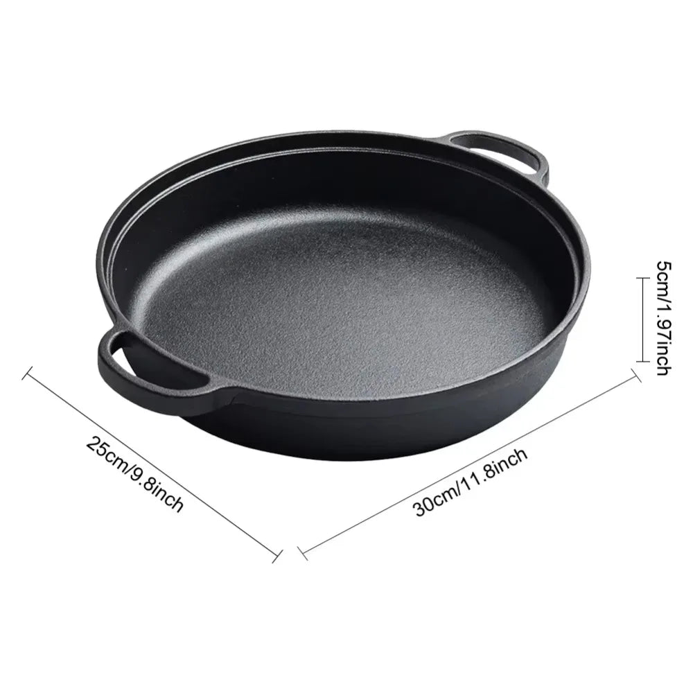 Deepened Flat Bottom Frying Pan Cast Iron Skillet Double Handle Fried Steak Pot Thickened Household Multipurpose Iron Pot