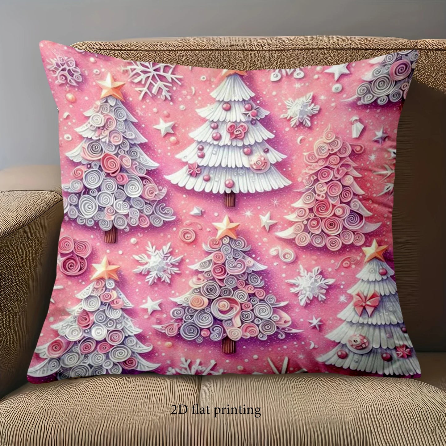 1 pieces -2D flat printing Christmas Tree Pattern Pink Decorative Throw Pillow Polyester pillowcase, sofa decorative cushion cov