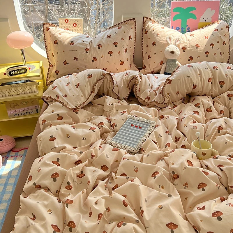 Korean Floral Style Bedding Set Washed Cotton Bed Flat/Fitted Sheets Set Duvet Cover Bed Linen Pillowcase Full Double Queen King