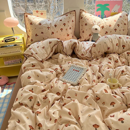 Korean Floral Style Bedding Set Washed Cotton Bed Flat/Fitted Sheets Set Duvet Cover Bed Linen Pillowcase Full Double Queen King