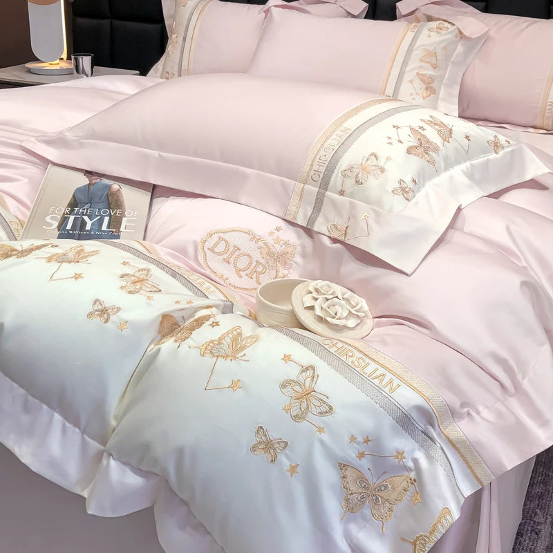 100% Cotton Bedding Set Luxury Golden Butterfly Embroidery Quilt/Duvet Cover Fitted Bed Sheet Sets Pillowcases Home Textile