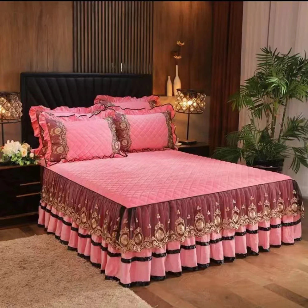 Luxury Lace Bed Skirt Bedspreads Bedding Thicken Velvet Plush Quilted Embossing Bed Spread for Home Not Including Pillowcase
