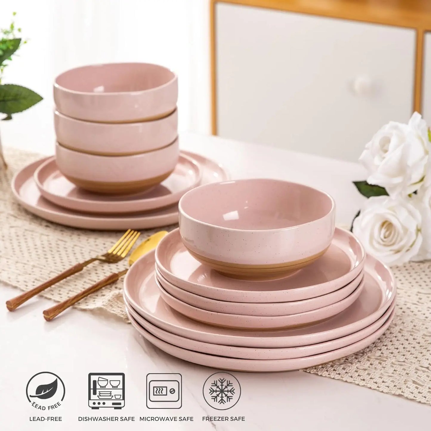 Ceramic Dinnerware Sets for 6, 24Pieces Handpainted Plates and Bowls Set with Rustic Terracotta Underside, Scratch Resistant Sto