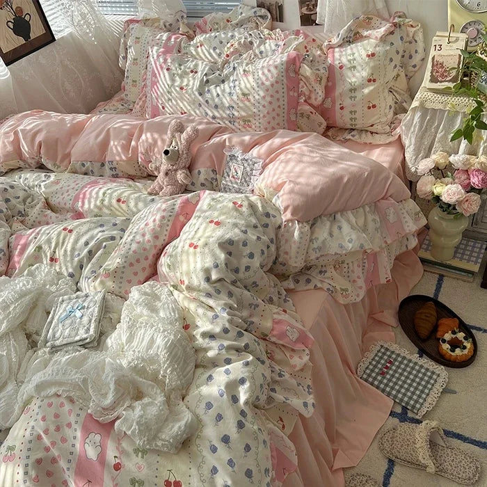 2025 new Korean Princess Style Floral Ruffles Bedding Set Skin-friendly Soft Duvet Cover Set Bed Sheet Or Bed Skirt Pillowcases