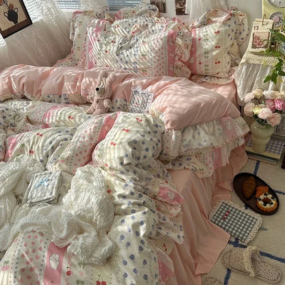 2025 new Korean Princess Style Floral Ruffles Bedding Set Skin-friendly Soft Duvet Cover Set Bed Sheet Or Bed Skirt Pillowcases