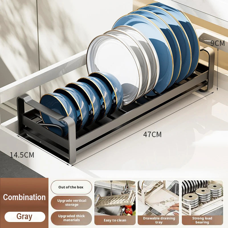 Pull Out Cabinet Dish Storage Rack Stainless Steel Plate Drain Stand Holder Kitchen Drawer Built-in Bowl Rack Basket Organizer