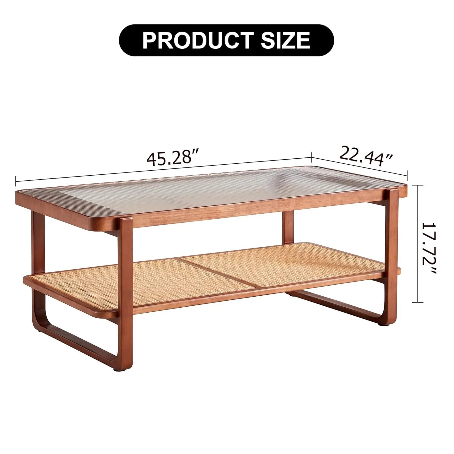Solid Wooden Coffee , Modern Small Rattan Coffee Table with 2-Tier Storage Shelf, Rectangle Tea with Tempered Glass T