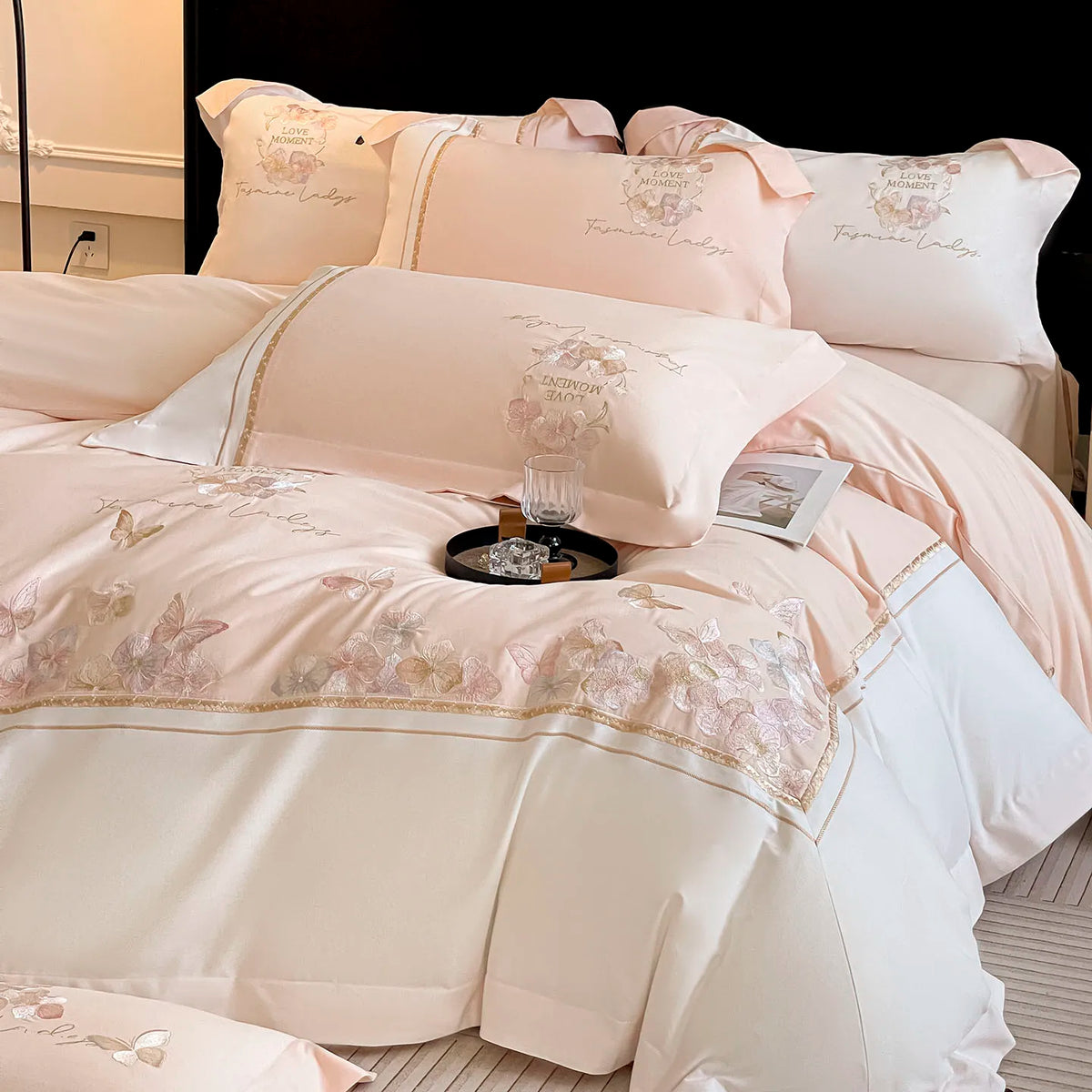Butterfly Embroidery Bedding Set Luxury 4pcs Egyptian Cotton Duvet Cover Set Flat/Fitted Bed Sheet Pillowcases Home Textiles