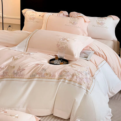 Butterfly Embroidery Bedding Set Luxury 4pcs Egyptian Cotton Duvet Cover Set Flat/Fitted Bed Sheet Pillowcases Home Textiles