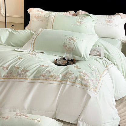 Butterfly Embroidery Bedding Set Luxury 4pcs Egyptian Cotton Duvet Cover Set Flat/Fitted Bed Sheet Pillowcases Home Textiles