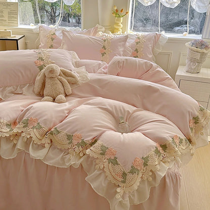 2026 New INS Princess Style Bedding Sets Ruffle Lace Bow Quilt Cover Romantic Bedclothes Woman Girls Bedroom Duvet Cover 4pcs