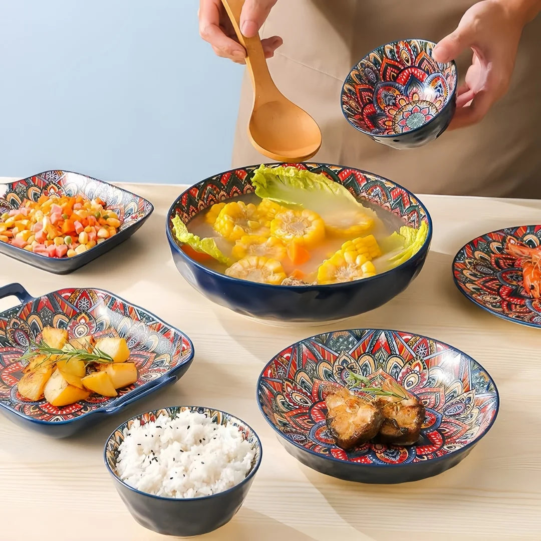 Bohemian ceramic dishes and cutlery 8-piece set household good-looking rice bowl double-ear soup basin exquisite noodle bowl