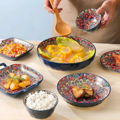 Bohemian ceramic dishes and cutlery 8-piece set household good-looking rice bowl double-ear soup basin exquisite noodle bowl