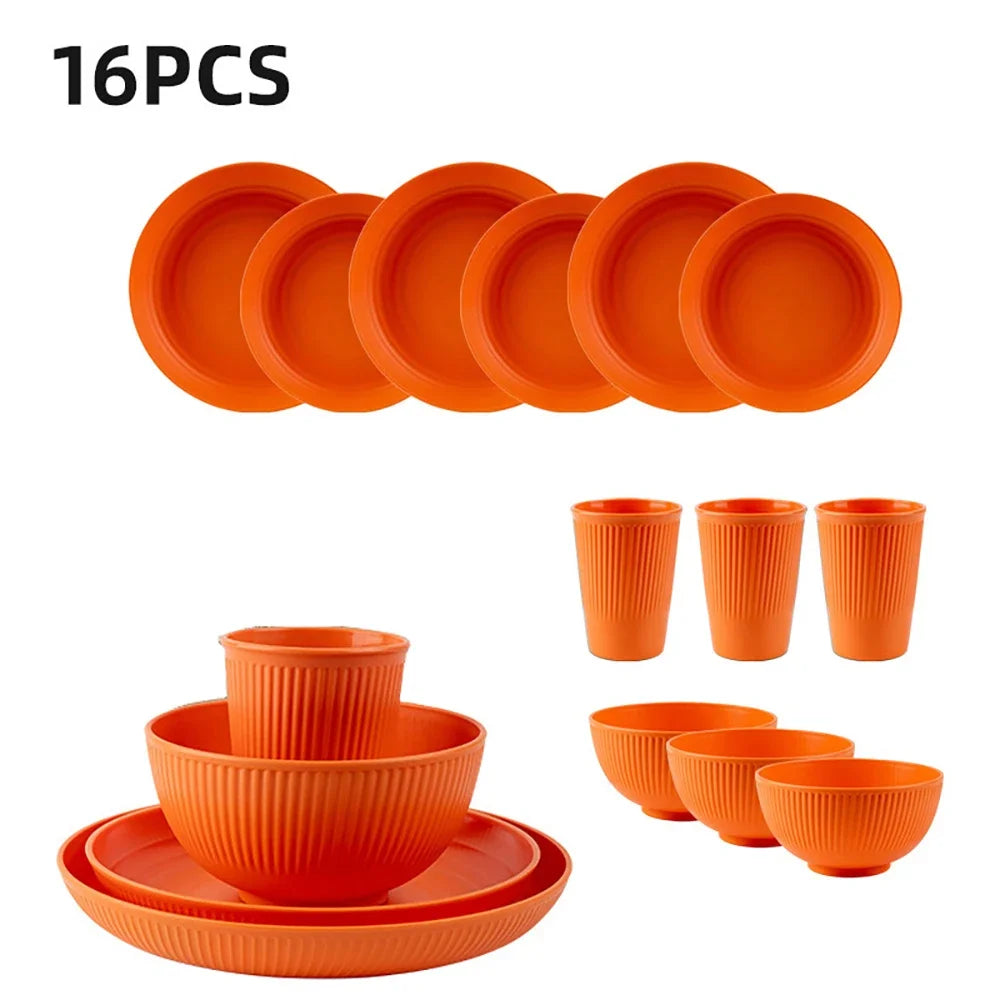 16Pcs Reusable Plastic Tableware Set Including Plates Bowls and Cups Suitable for Family Picnics and School Supplies