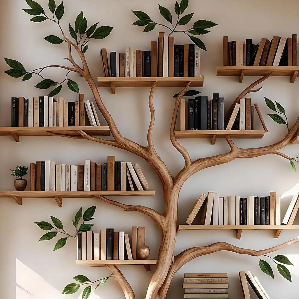 Solid Wood Tree Branch Style Bookshelf for Home Office, White, Easy to Assemble