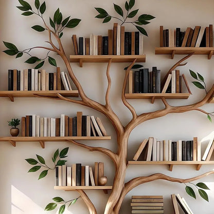 Solid Wood Tree Branch Style Bookshelf for Home Office, White, Easy to Assemble