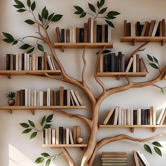 Solid Wood Tree Branch Style Bookshelf for Home Office, White, Easy to Assemble