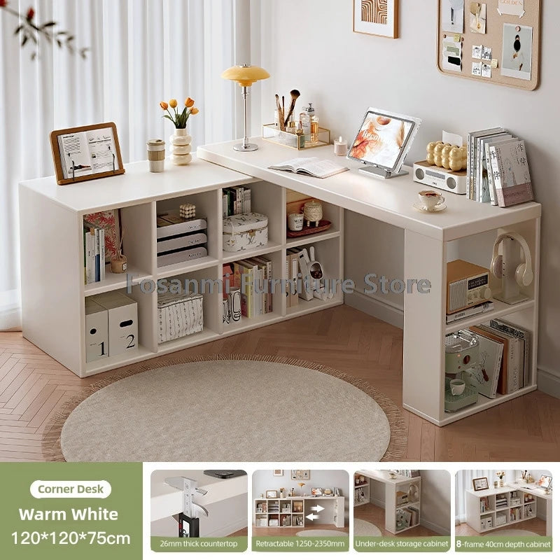 Multifunctional Adjustable White Desk with Storage Cabinet Modern Extendable Table for Bedroom Office Room Simple Corner Desks