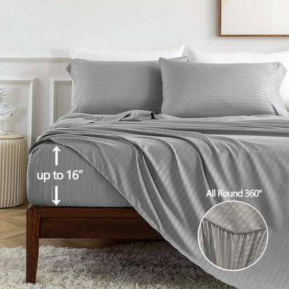 Battilo Bed Sheets 4 Pieces Set Luxury Fitted Flat Sheet with Pillowcases Solid Stripe Bedding Set For Twin Full Queen King Size