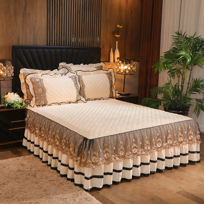 Luxury Lace Bed Skirt Bedspreads Bedding Thicken Velvet Plush Quilted Embossing Bed Spread for Home Not Including Pillowcase