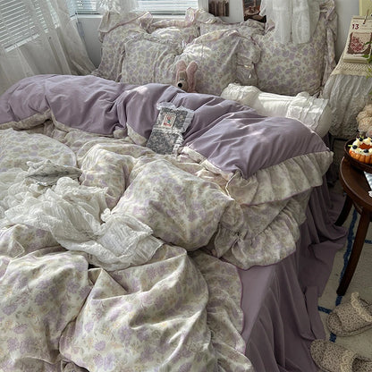 3/4Pcs Korean Princess Style Floral Ruffles Bedding Set Skin-friendly Soft Duvet Cover Set Bed Sheet Or Bed Skirt Pillowcases
