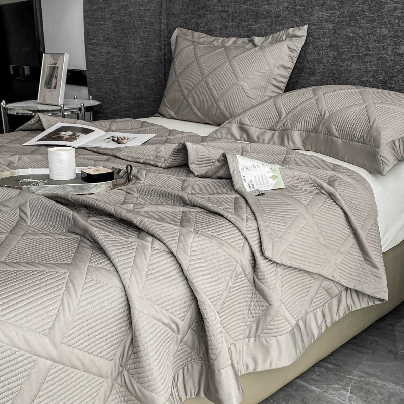 Silky Tencel Quilted Bedspread on the Bed, Cool Quilt, Lyocel 50, Quilted Blanket, Comforter, Double Queen Cover, Padded, Summer