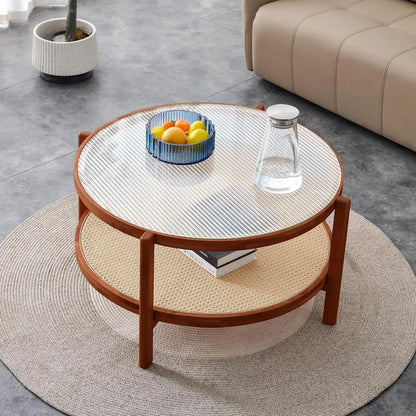 Solid Wooden Coffee , Modern Small Rattan Coffee Table with 2-Tier Storage Shelf, Rectangle Tea with Tempered Glass T