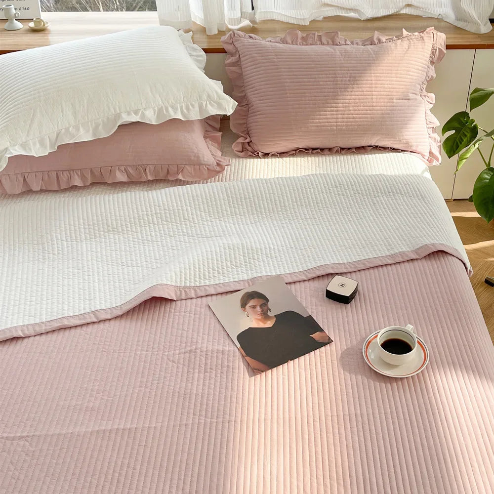 Korean Style Quilted Double Bed Cover and Pillowcase 100% Cotton Ruffles Comfortable Queen Size Bedspread Set Soft Home Coverlet
