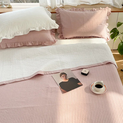Korean Style Quilted Double Bed Cover and Pillowcase 100% Cotton Ruffles Comfortable Queen Size Bedspread Set Soft Home Coverlet